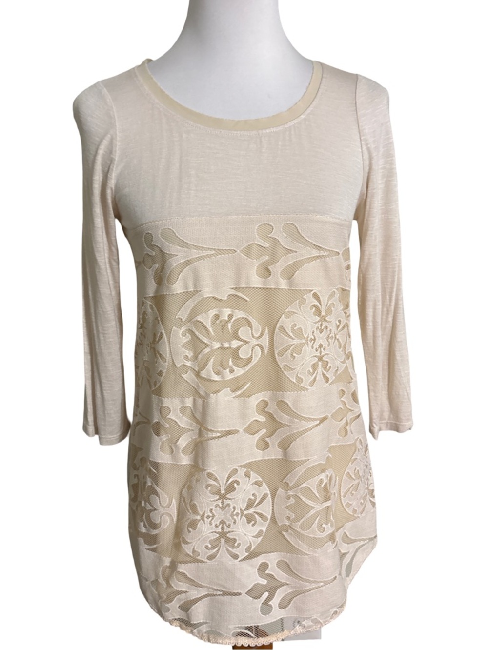 Anthropologie Meadow Rue Cream Lace-Panel Scoop Neck Tunic
